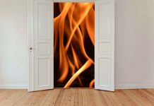 Graphic of a fire outside a door